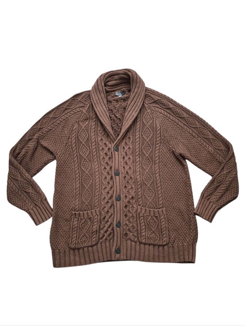LL Bean Signature Cotton Fisherman Cable Knit Cardigan Sweater XXL Shawl Brown